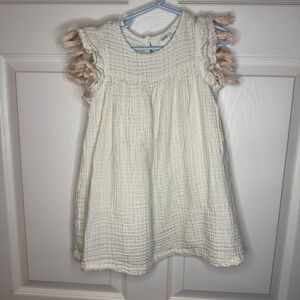 Poppet & Fox Cream 100% Cotton Dress with Fringe Sleeves Girls Size 5 GUC